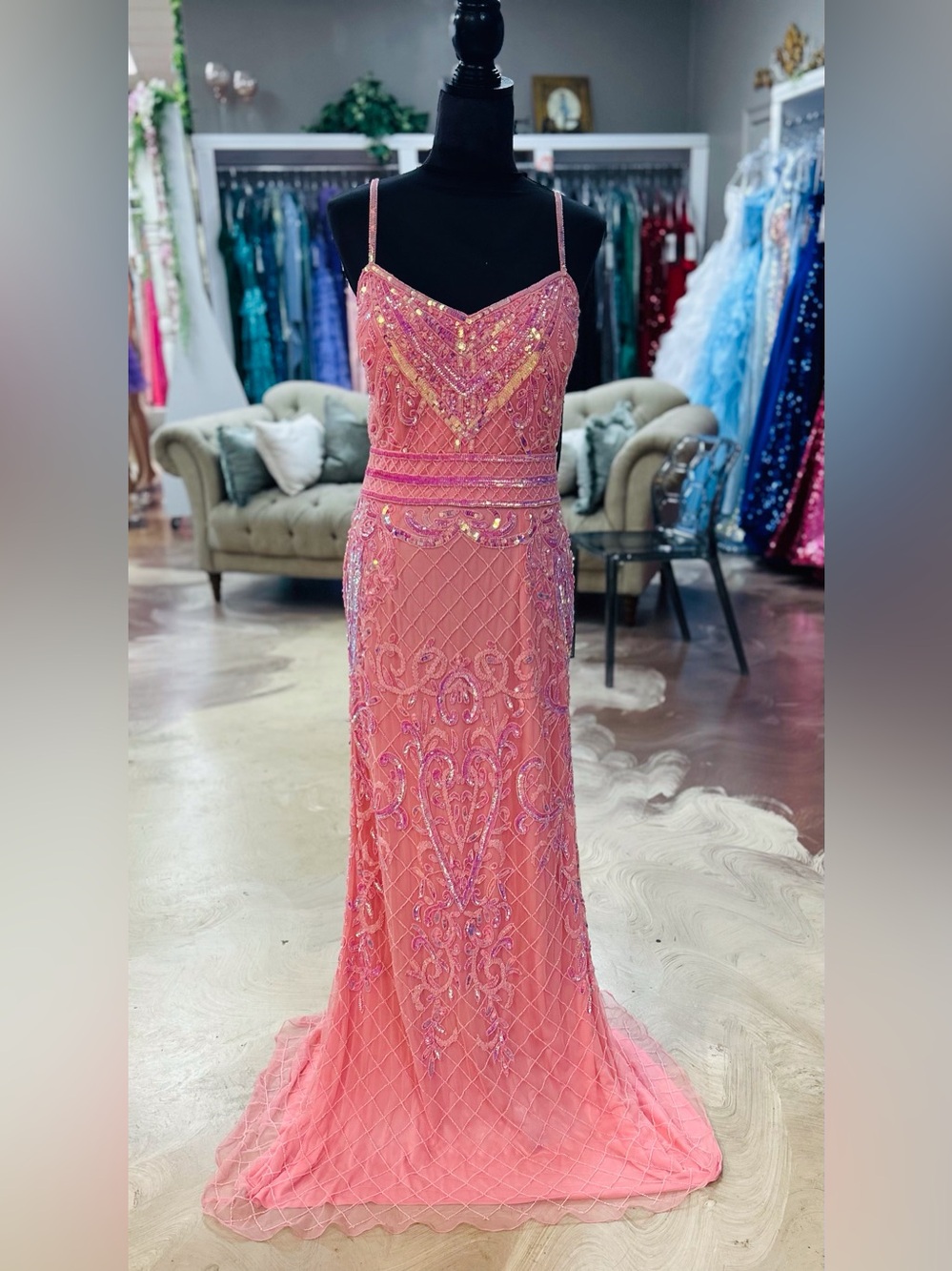 Coral Pink Beaded Spaghetti-Strap Prom Dress